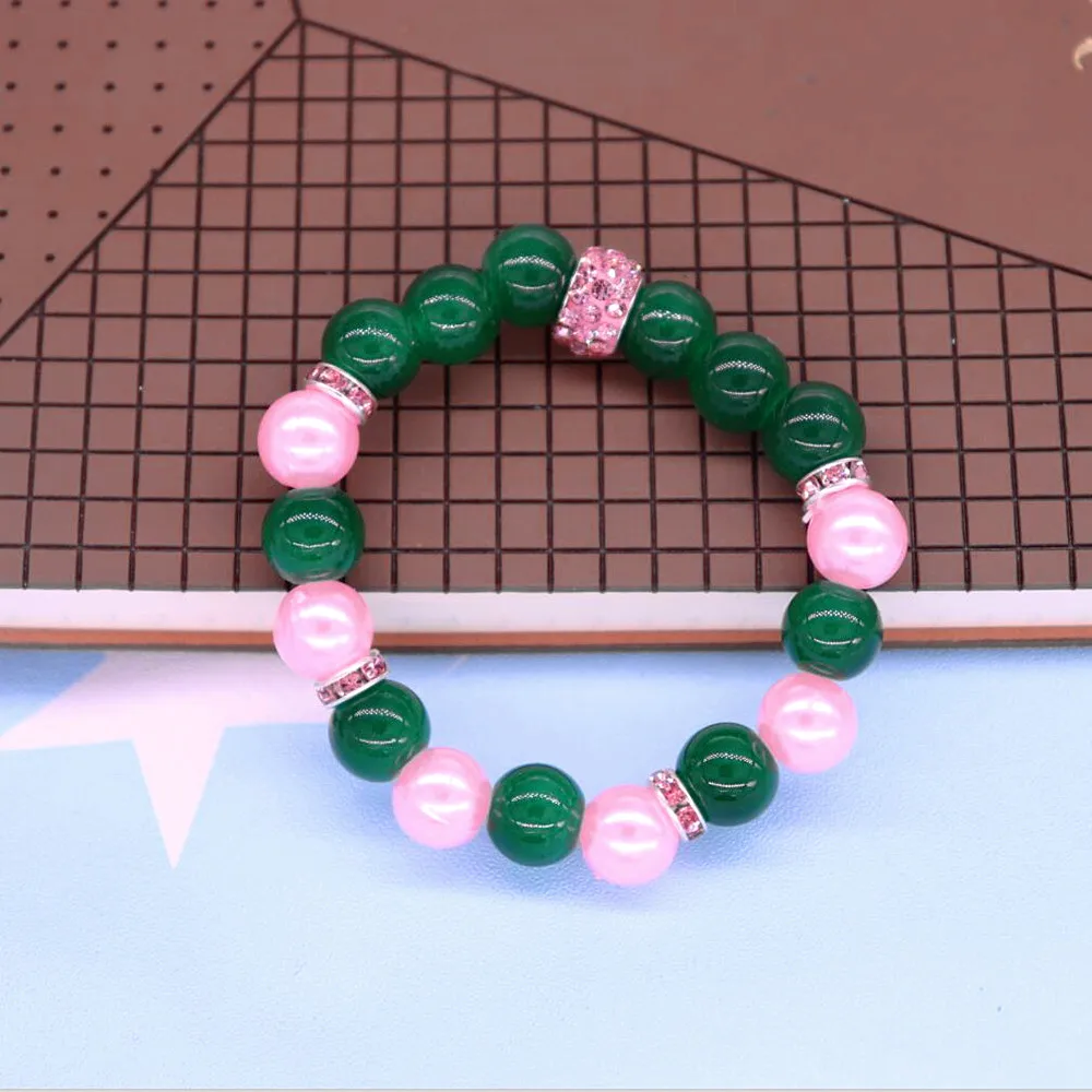 Quality New Made Stretch Pink Green Glass Beads Sorority Sign Bracelets For Gift