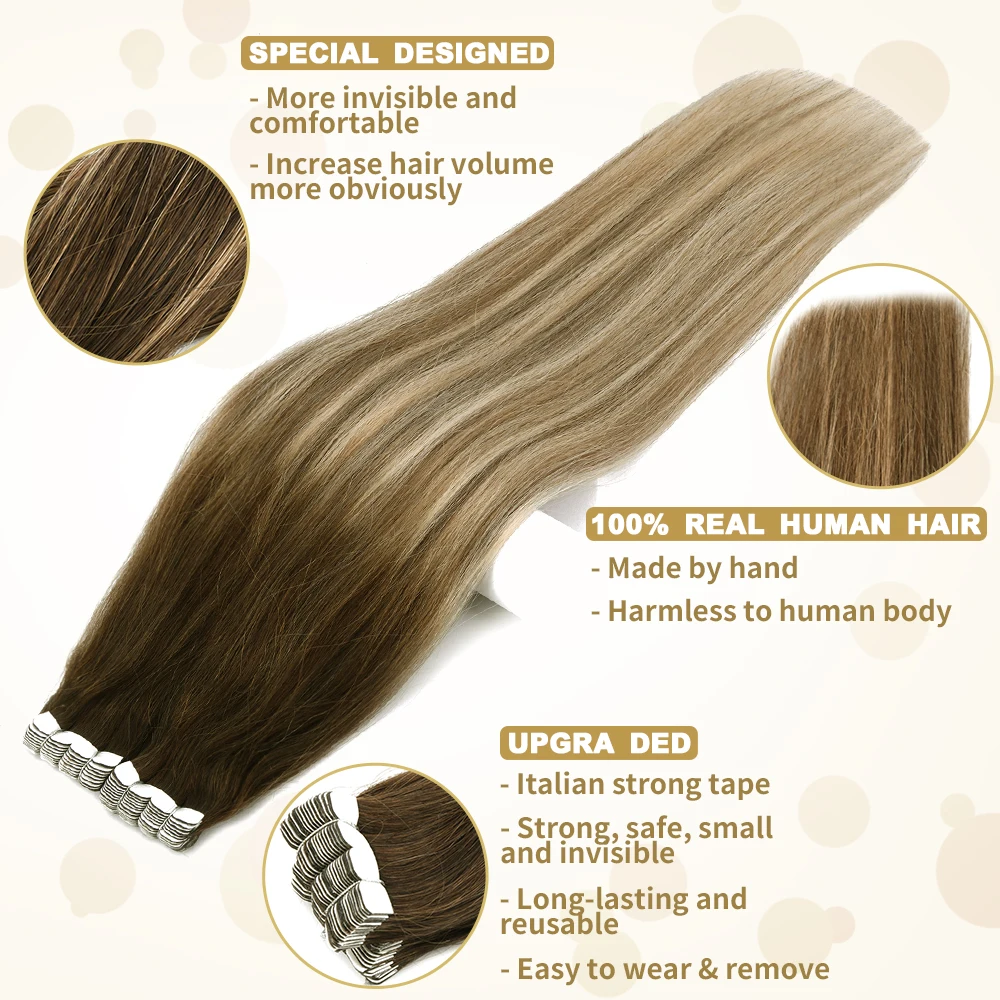 Extensions de cheveux naturels Non Remy – ZURIA, cheveux lisses, adhésif pour trame de peau Invisible, 12, 14, 16, 20 pouces, 100% vrais cheveux