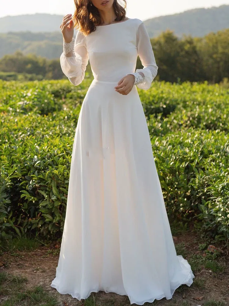 Robe De mariée en dentelle style Boho, Simple, sans cuisson, col Bateau, manches longues, ligne A, 2023