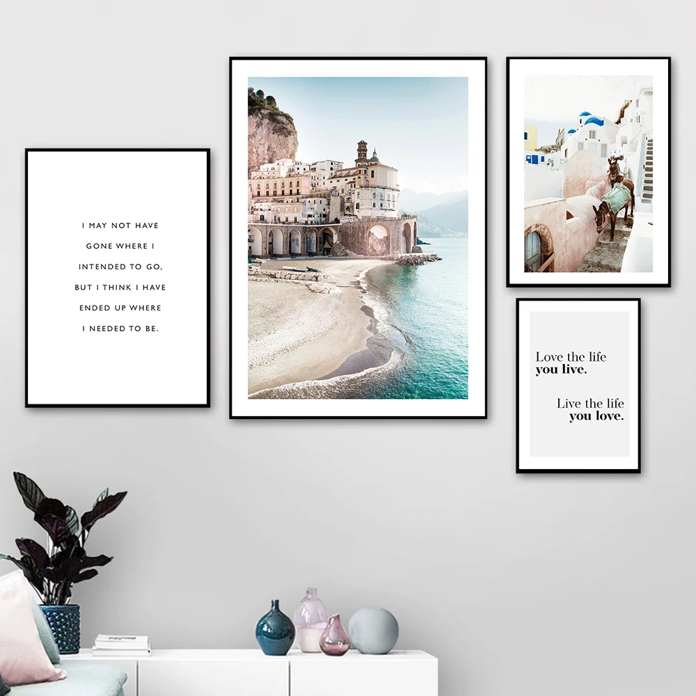 

Morning in Amalfi Canvas Painting Ocean Landscape Travel Italy Poster Nordic Print Modern Wall Art Life Quote Picture Room Decor