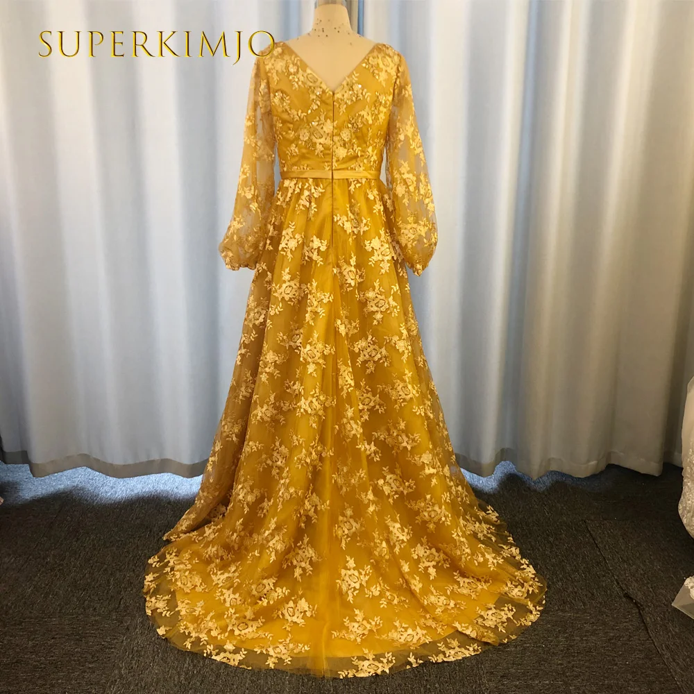 SuperKimJo Robe De Soiree Femme Golden Sparkly Tulle Prom Dresses 2021 Lace Applique Elegant Dubai Prom Gown 2022 Abendkleider