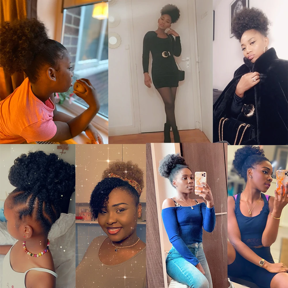 WEILAI Postiche Cheveux Chignon Ponytail Afro Puff Lembut Kepala Goreng Elastis Tali Rambut Sintetis Roti untuk Wanita Hitam dan Anak