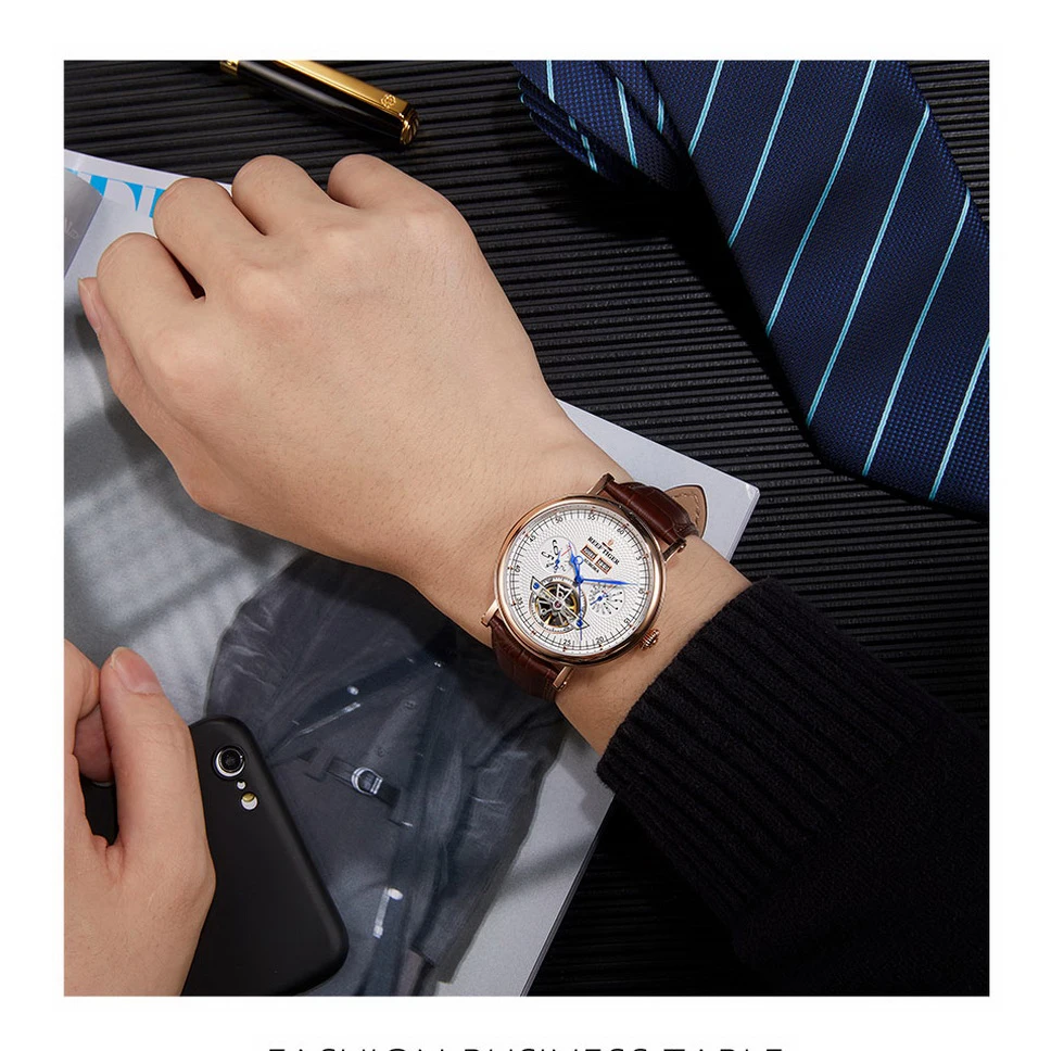 

Мужские часы Reef Tiger, мужские автоматические механические часы, роскошные водонепроницаемые наручные часы с кожаным ремешком, часы relogio