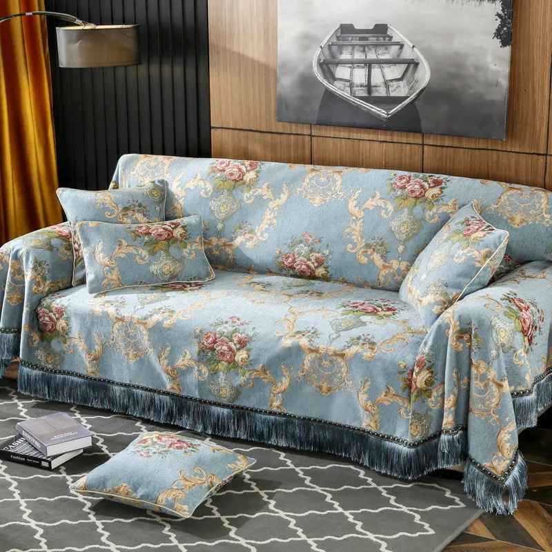 European Luxury Sofa Couch Cover 1/2/3/4 Seater Tassels Chenille Sectional Sofa Towel Throw Jacquard Floral Recliner Slip Covers