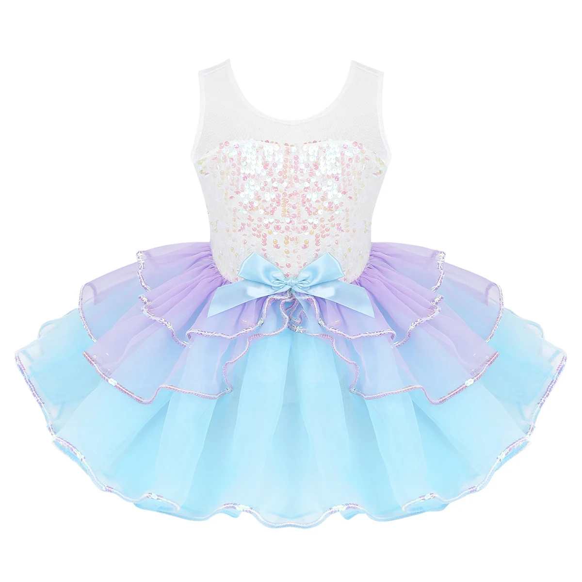 

Kids Girls Sequins Ballet Dance Dress Tutu Sleeveless Mesh Splice Bowknot Gymnastics Leotard Ballerina Performance Dancewear