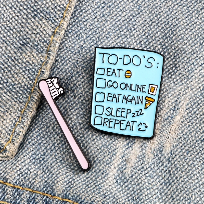 Toothbrush Schedule Enamel Pin TO DO List Badges Cartoon Cute Custom Brooches Lapel pins Clothes Denim Shirt Jewelry Sweet Gifts