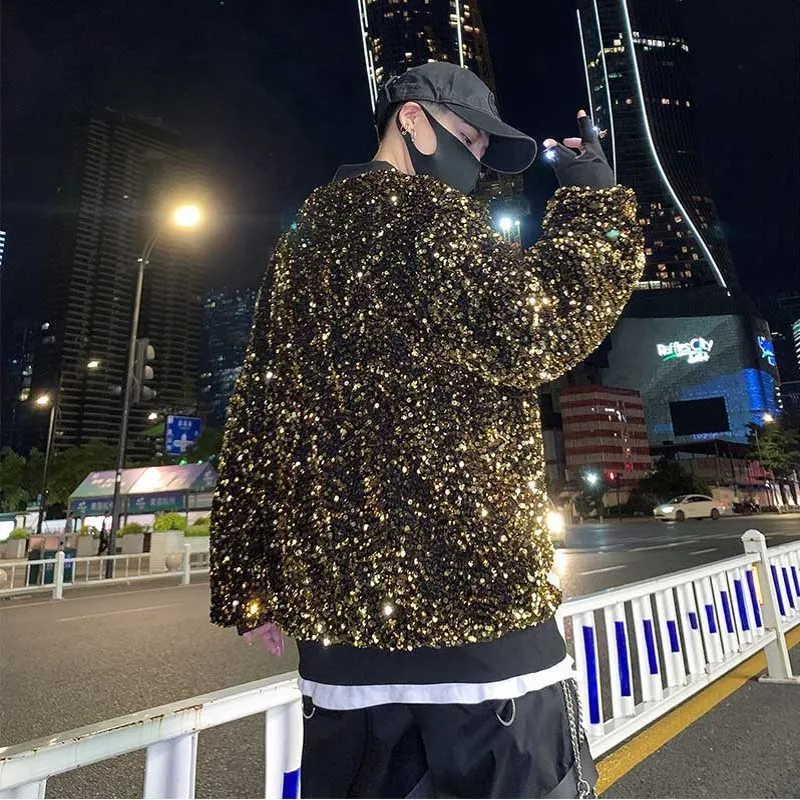 Twinkling Colors Sequins Men's Hoodies Sweatshirts Reflective Hip-Hop Pullovers Singer Stage Streetwear Christmas Party Tops