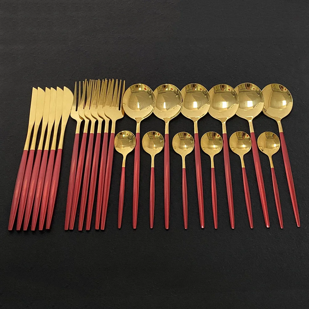 

Red Gold 24Pcs Dinnerware Cutlery Set Stainless Steel Food Flatware Home Steak Knife Fork Coffee Spoon Upscale Tableware Set