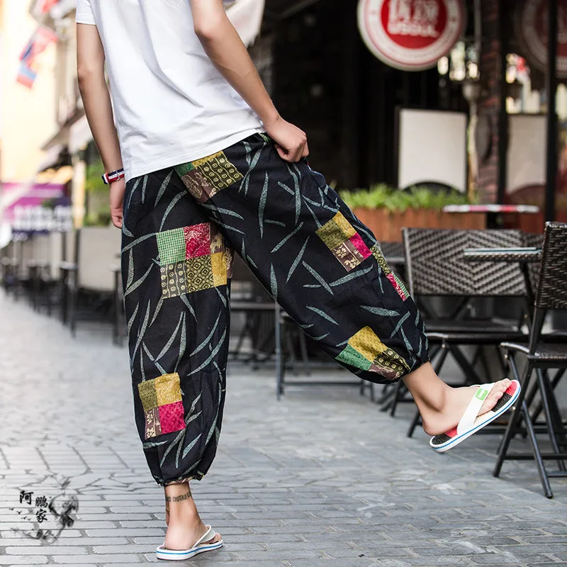 Baggy 100% Cotton Linen Harem Pants Men Hip Hop Ethnic Thailand Hawaii Trousers Loose Vintage Long Pants Pantalon Hombre