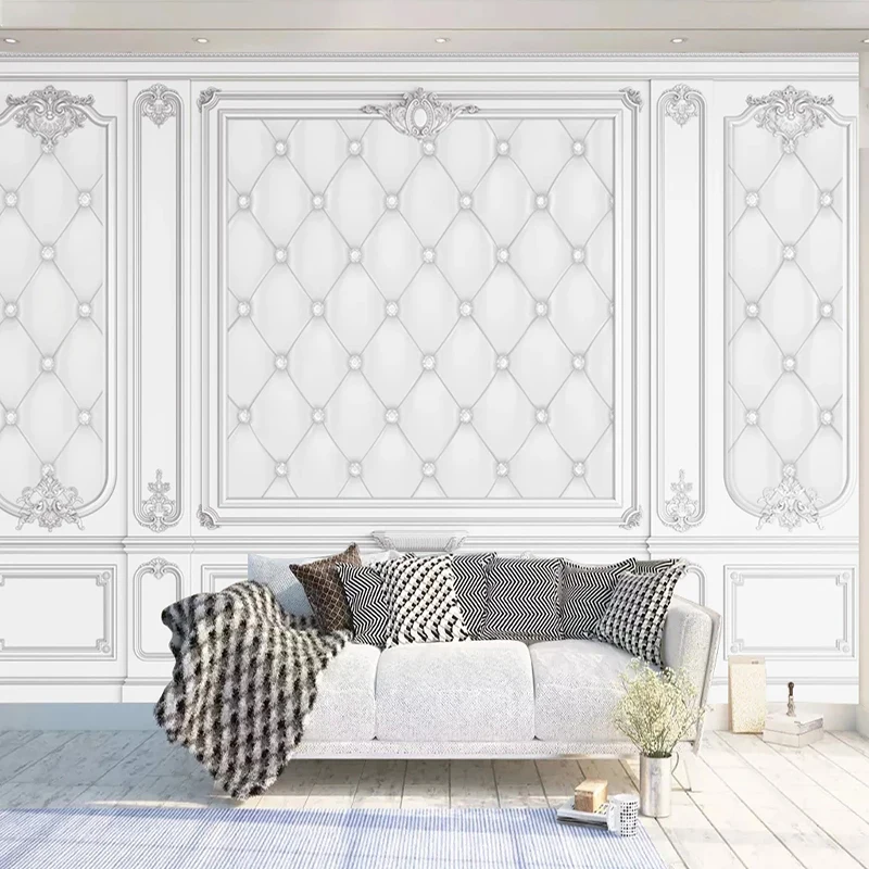 

Custom Mural Wallpaper 3D White Plaster Line European Style Carved Soft Roll Wall Papers Living Room Bedroom Waterproof Stickers