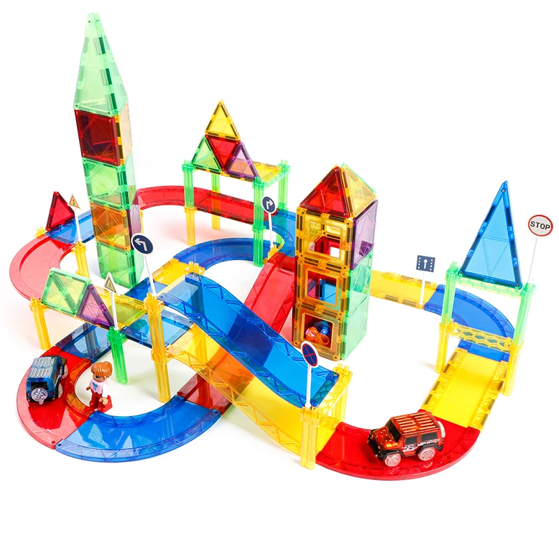 Magplayer 154 Pieces Magnetic Tiles Building Blocks set with Car Racing Tracks Toy for Children Intelligence Toys Best Gifts