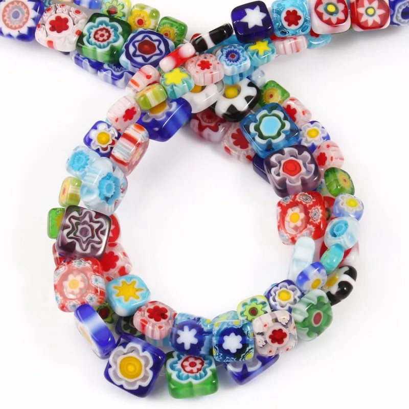 6 8 10mm Square Shape Millefiori Flower Patterns Lampwork Glass Loose Spacer Beads for Jewelry Making Diy Bracelet Accessories