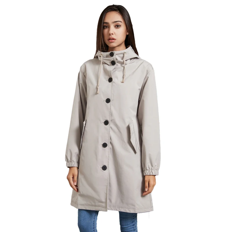 Autumn Winter Clothes Solid Color Hooded Waterproof Jacket Women Fashion Long Trench Coat Loose Casual Outdoor Windbreaker