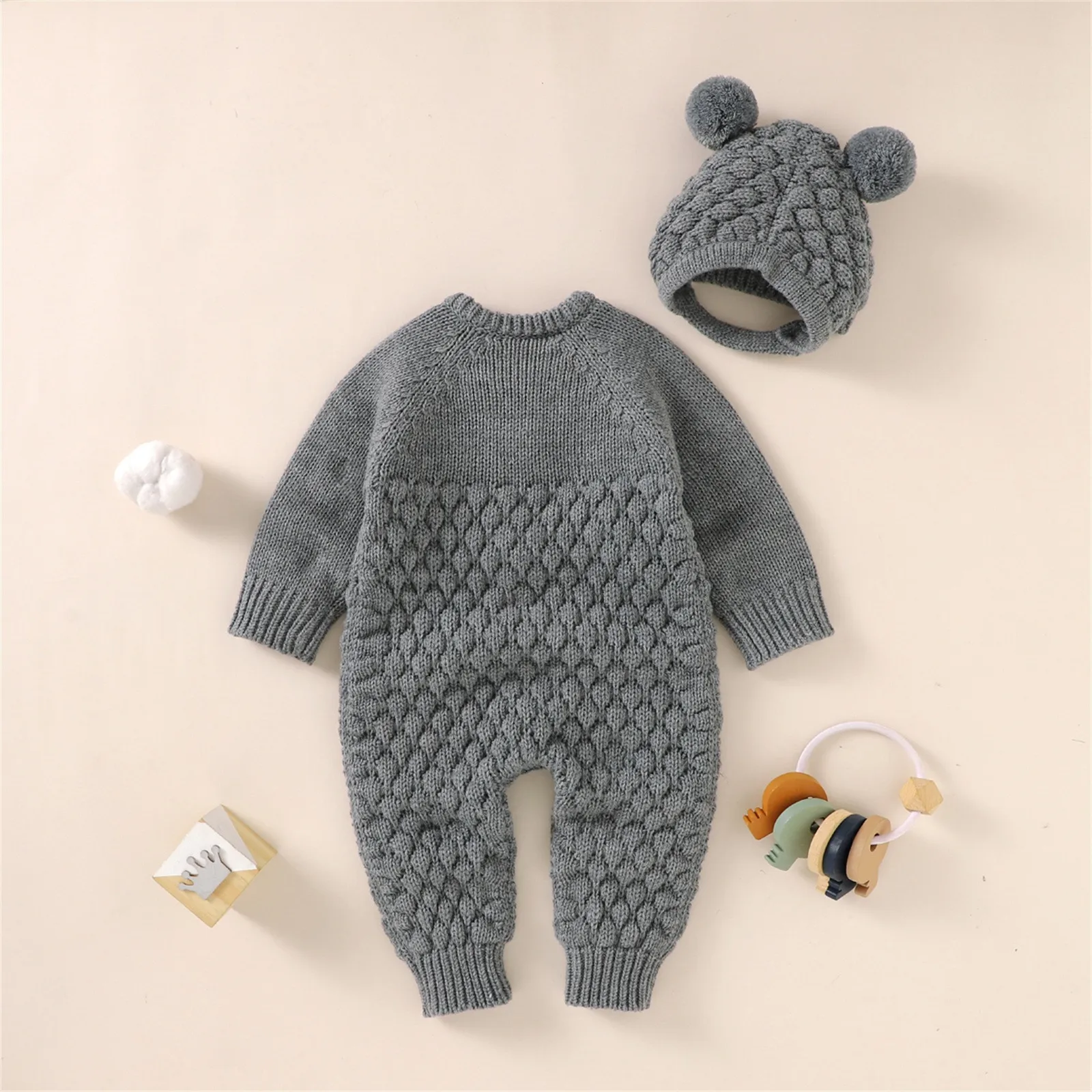 2 stücke Neugeborenen Baby Mädchen Jungen Romper + Hut Set Baby Kleidung Baumwolle Gestrickte Pullover Overall Overalls Winter Baby Kleidung 0-18M