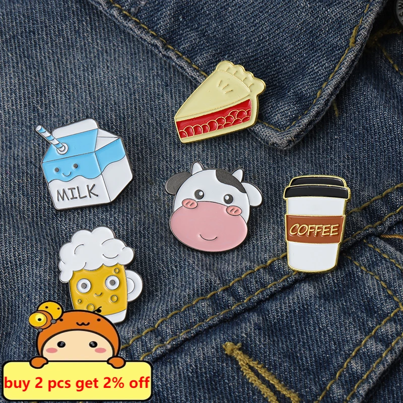 pins Wholesale Pizza Enamel Pin Coffee Brooches Food Badges Beer Milk Cake Cow Jewelry Hat Bag Accessories Women Girl Jewelry