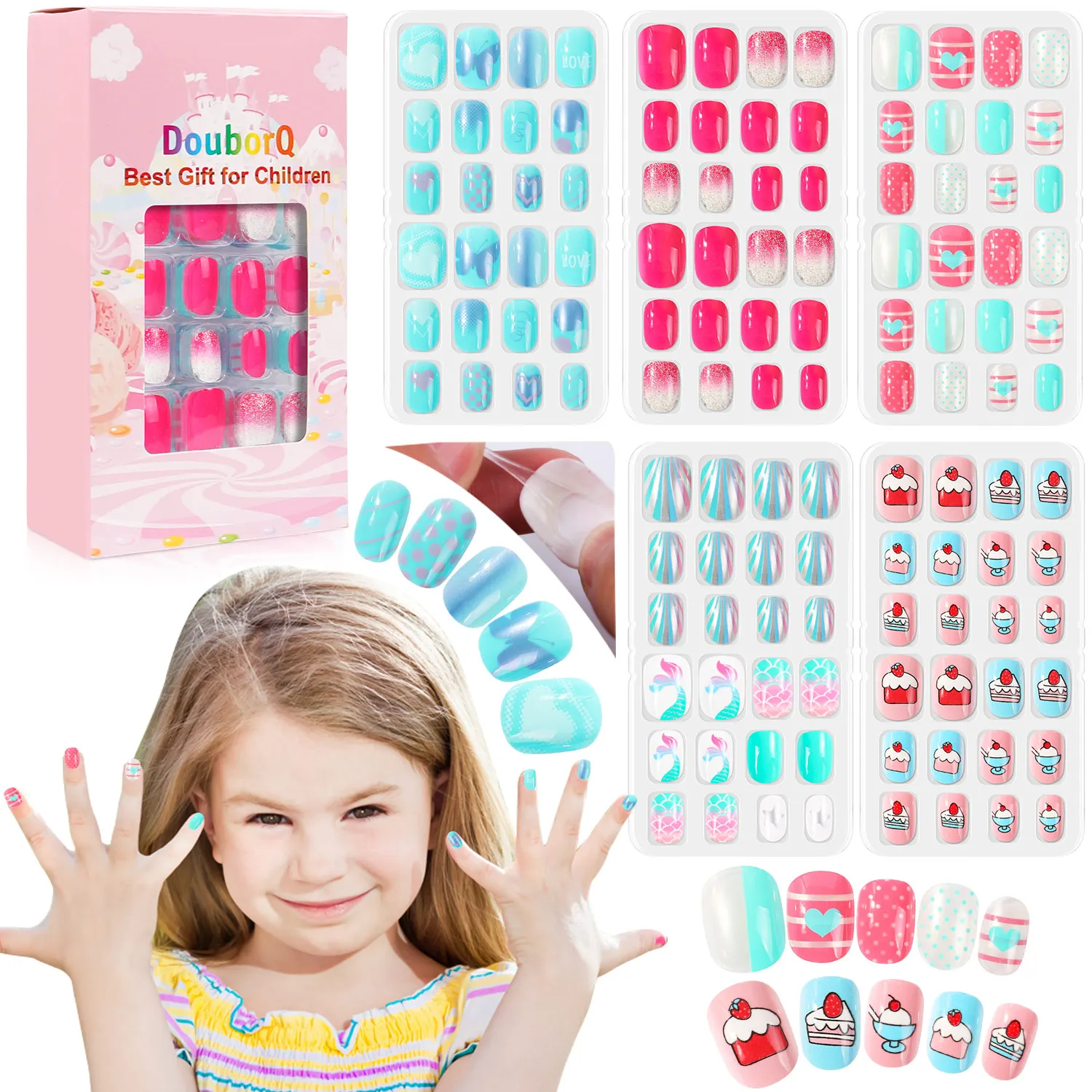 120pcs/lot  Full Cover Kids False Nails Press On Self Adhesive Nail Manicure Tips Candy Color Fake Nails DIY for Children