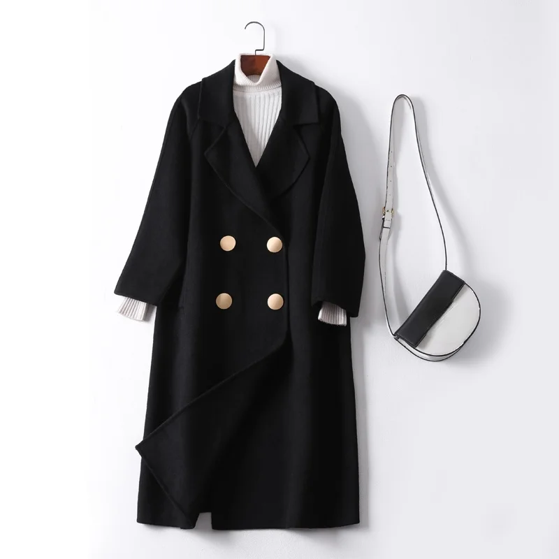 

2021 Autumn Double-faced Woolen Coats Female Fashion Black Double Breasted Jacket for Women High Quality Clothes Jaquetas Gmm118