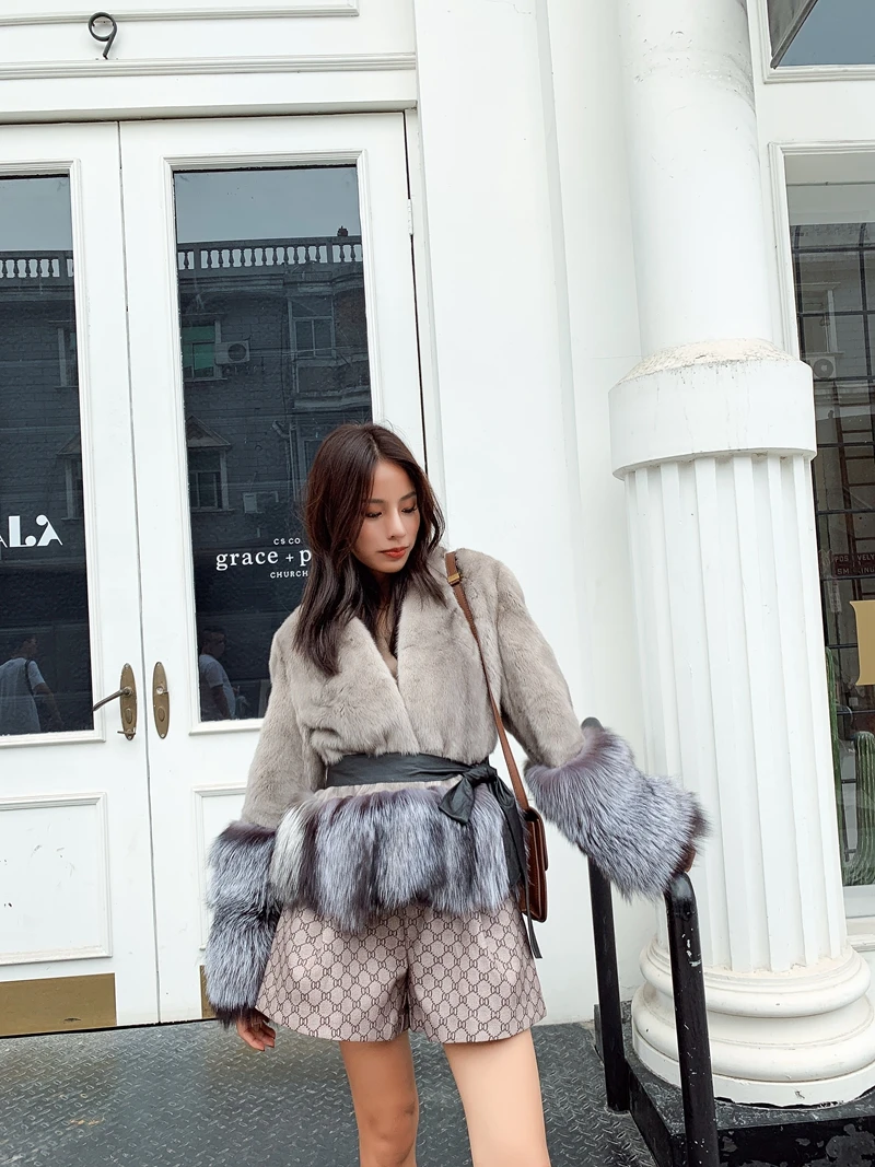 

Women real mink fur jacket mink coat short style with silver fox fur cuffs and bottom female winter outerwear