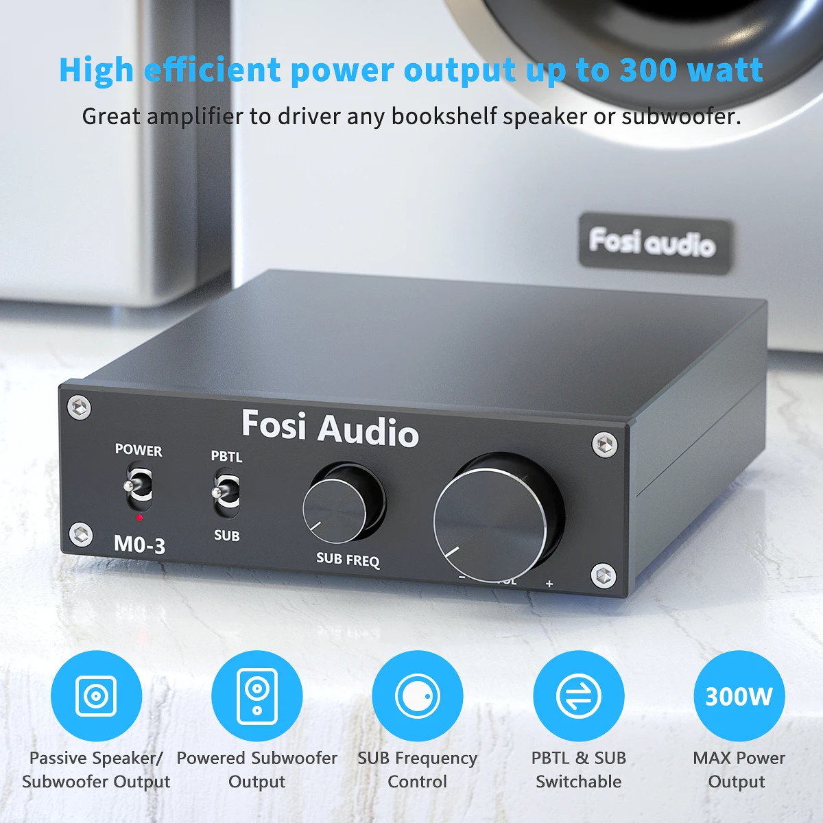 Fosi Audio M03 Subwoofer Amplifier 300W Mono Amp Digital Hifi Home Power Audio Amplifier for Home Theater