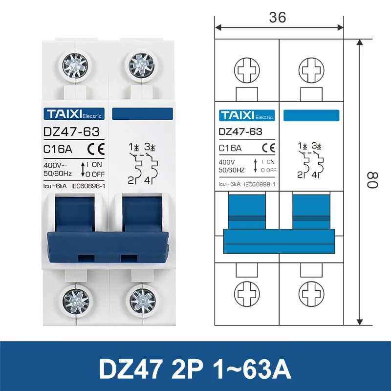 MINI Circuit Breaker AC220V  2P MCB 16A 20A 32A 40A 63A  ON OFF  Switch