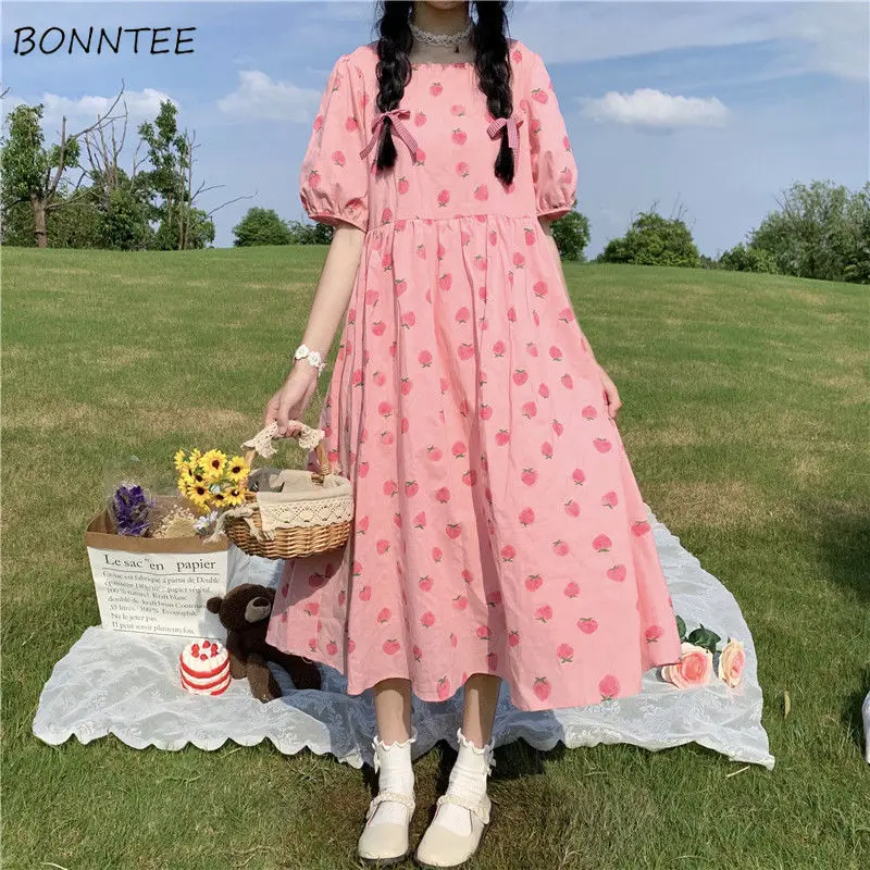 Dresses Women College Sweet Japanese Style Printed  A-line Retro Puff Sleeve Summer Lovely Girl Chic Popular Vestido Feminino