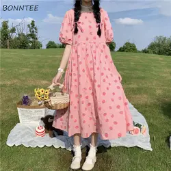 Abiti donna College dolce stile giapponese stampato A-line Retro manica a sbuffo estate bella ragazza Chic popolare Vestido Feminino