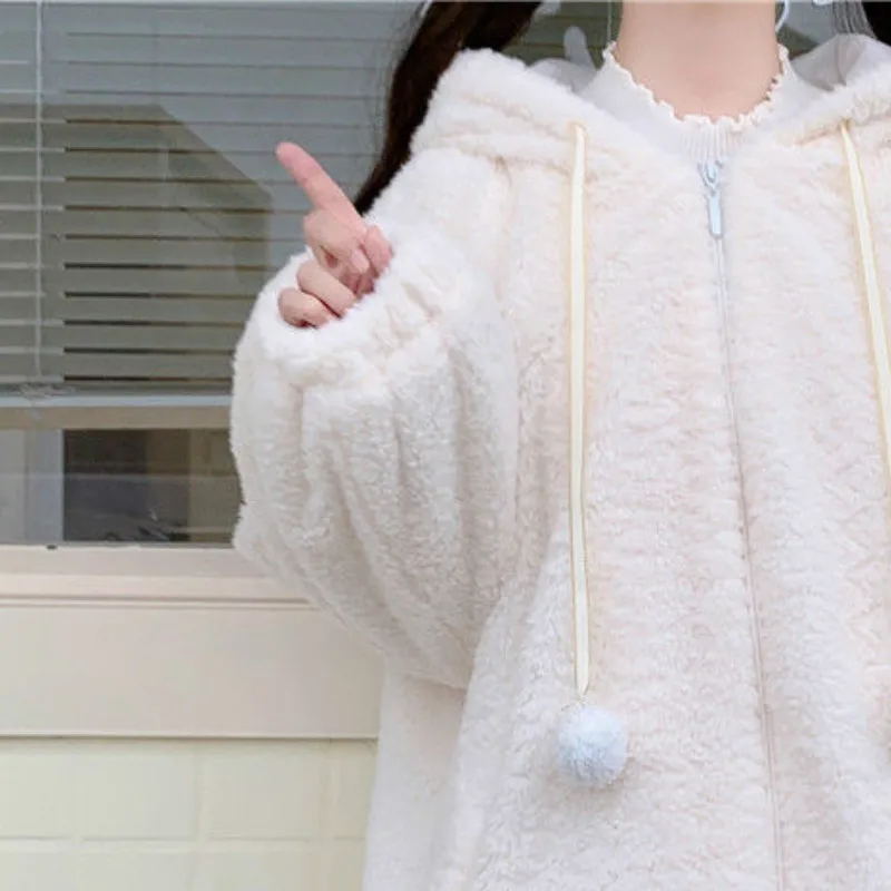 Long Sleeve Rabbit Oversize Tops Sweatshirt Jacket Coat Outerwear Fall Winter Women Kawaii Bunny Ear Fuzzy Fluffy Hooded Hoodie