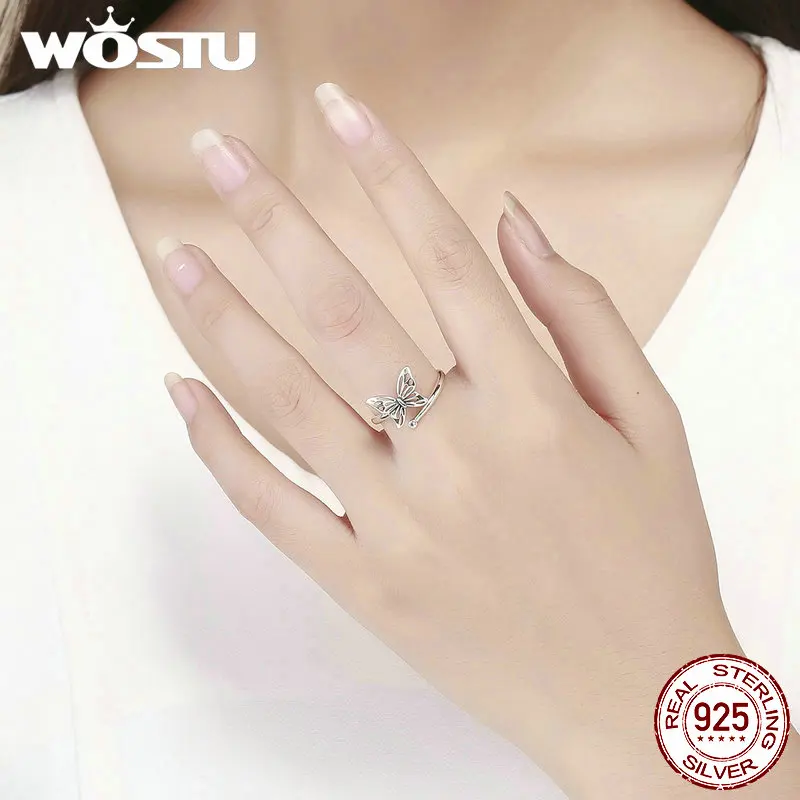 WOSTU Authentic 925 Sterling Silver Ring For Women Adjustable Open Size Rings Wedding Engagement Silver Jewelry Gift FIR323