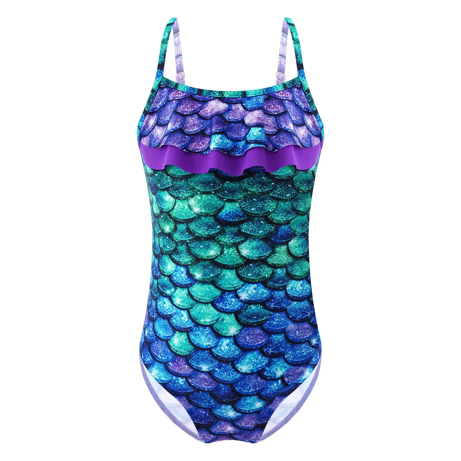 Kids Girls One-Piece Dance Swimming Leotard Jumpsuit Swimwear Straps Ruffle Hem Fish Scales Print Cut Out Open Back Bodysuit