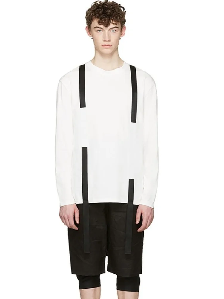 Men's Long Sleeve T-Shirt Spring And Autumn New Dark Round Collar Black And White Belt Splicing Design Slim Tide Men's Clothing