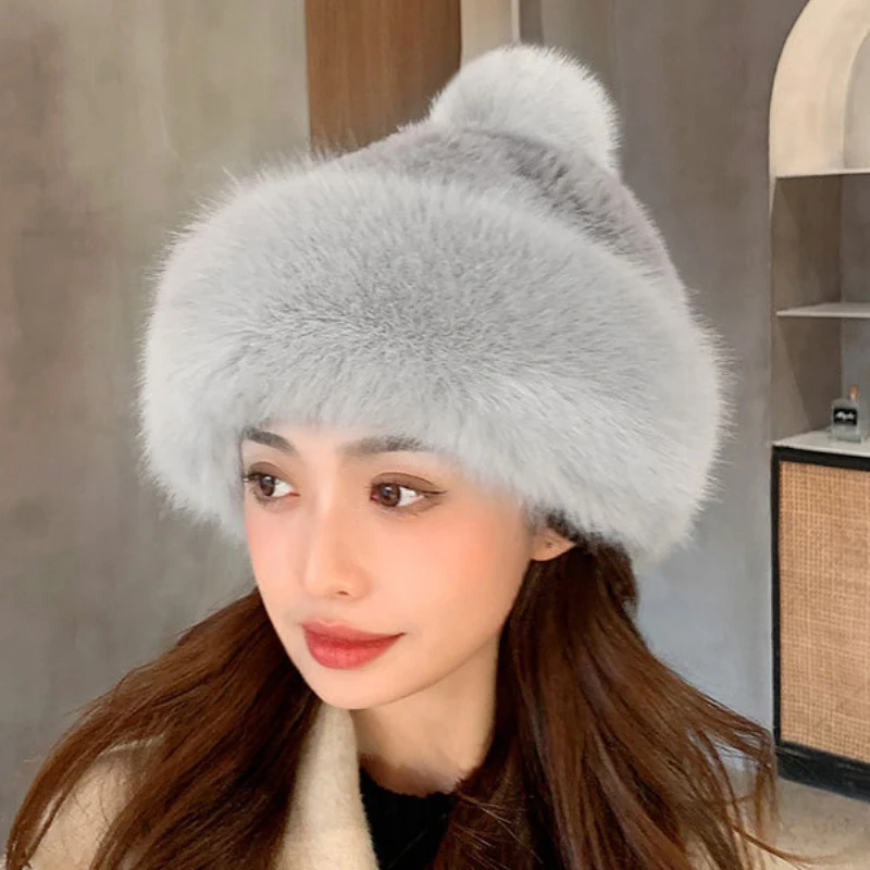 HT4004 Faux Fox Fur Hat Women Thick Warm Russian Cap Female Cute Fashion Winter Hat Windproof Snow Ski Cap Russian Hat Ushanka