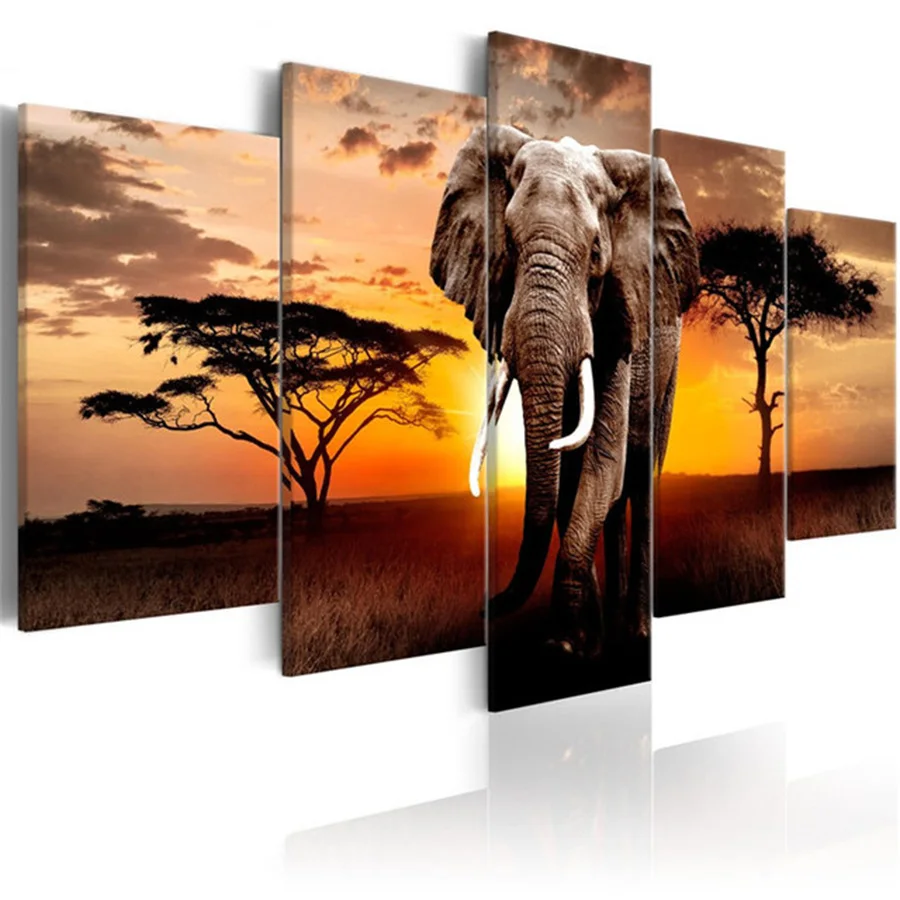 Multi-Panel 5D pittura diamante elefante tramonto Africa prateria pittura diamante ricamo 5 pezzi Set paesaggio Puzzle mosaico