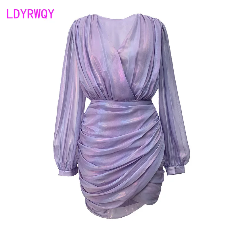 LDYRWQY-vestido roxo gradiente com decote em V para mulheres, vestido irregular de quadril, manga folhada, roupas de outono, novo estilo, 2021