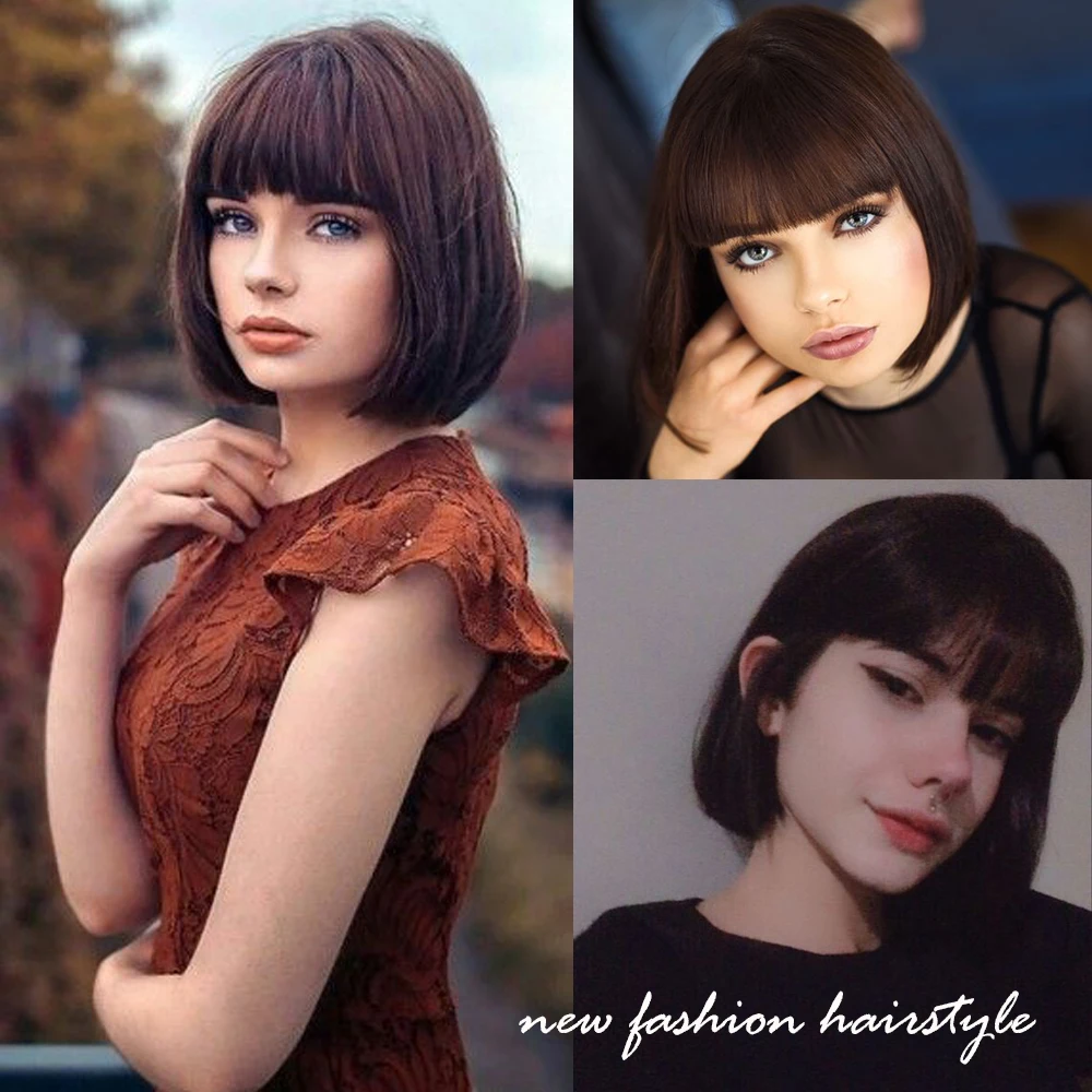 HAIRCUBE Straight Bob Human Hair Wig for Women Natural Short Wigs with Bangs Machine Made Heat Resistant Dark Brown Remy Hair