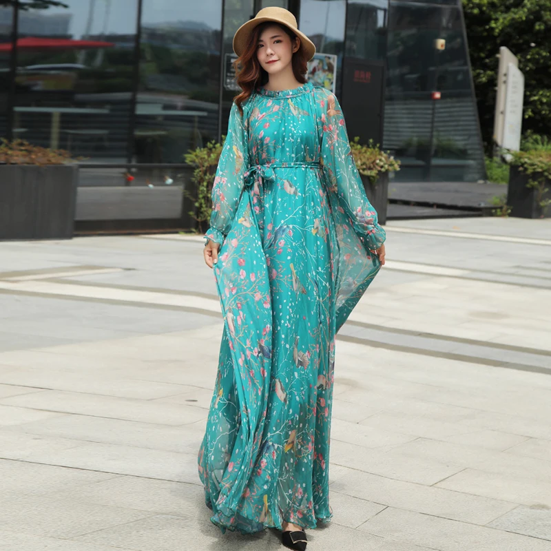 2023 Nieuwe Komt Chiffon Lange Mouw Bloemenprint Jurk Boho Plus Size Vrouwen Beach Party Tuin Maxi Jurk Elegante Vestidos gewaad