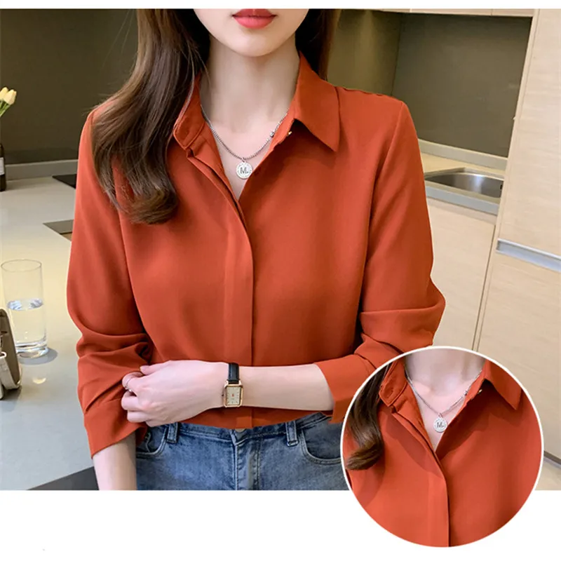 Solid Women\'s Shirt Chiffon Blouses for Women Full Sleeve Button Up Tops Polo Neck Woman Blouse Tops Female 2022 Basic Shirts OL