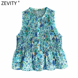 Zevity-女性用の花柄の伸縮性のあるショートトップ,ノースリーブのブラウス,裾のシックなフリルトップ,ls9269