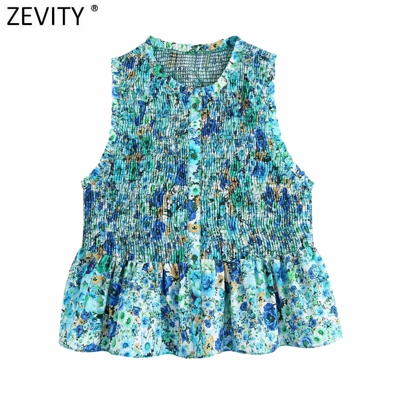 Zevity Women Sweet Floral Print Elastic Slim Short Smock Blouse Female Sleeveless Vest Shirts Chic Hem Ruffles Crop Tops LS9269