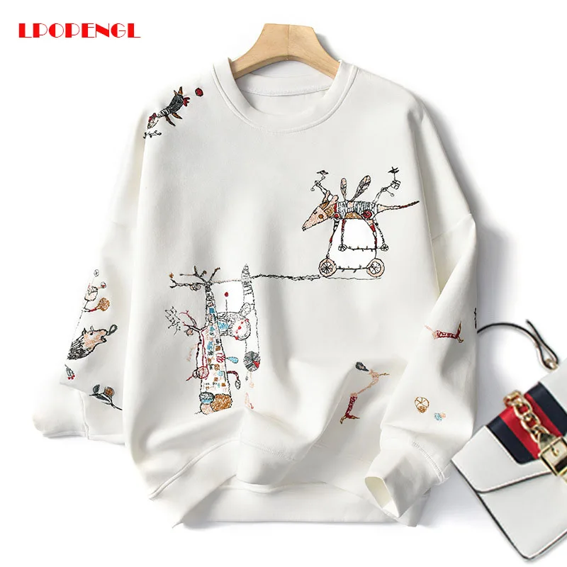 Harajuku Fashion Stitch-embroidered Long-Sleeved O- Neck Breathable Hoodie Top Casual Sweatshirt Women 2022 Spring Autumn New