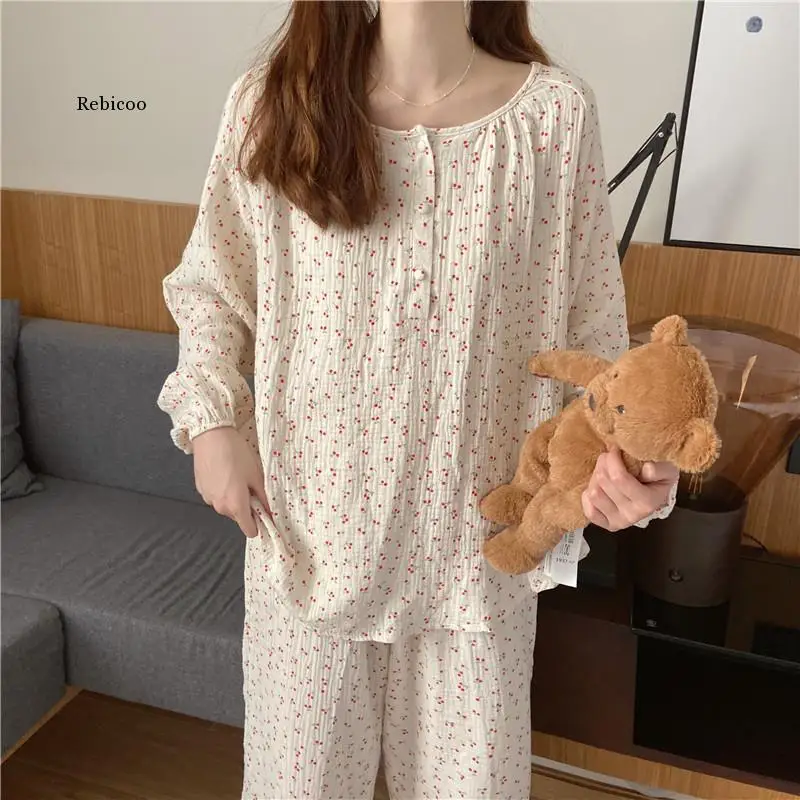 

Autumn Fashion Sweet Pajamas-set Long-sleeve Round Neck Button Printing Pyjamas Trousers Set Casual Homewear Nightwear 2pcs Sets