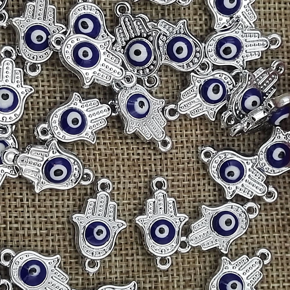 10 pçs 13*22mm 2 cores fatima hamsa mão e mal olho espaçador talão encantos para diy pulseiras jóias artesanal