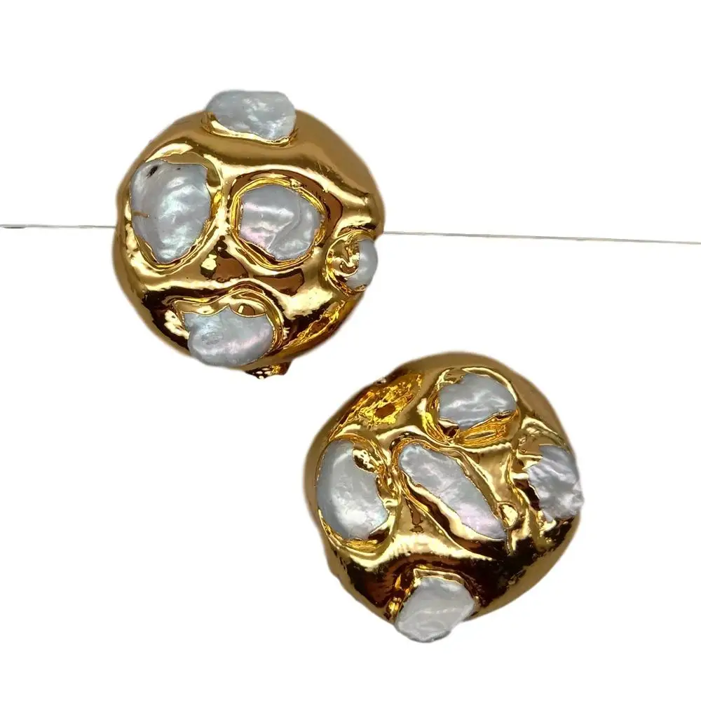 5 pcs Freshwater Cultured White Keshi Pearl Beads Gold Plated Coin Beads
