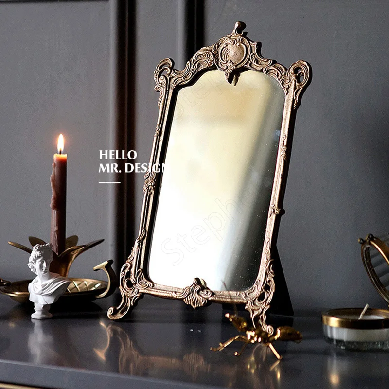 

Vintage Carved Brass Makeup Mirror Nordic Relief Craft Glass Tray Decorative Dressing Table Ornament Home Decoration Accessories