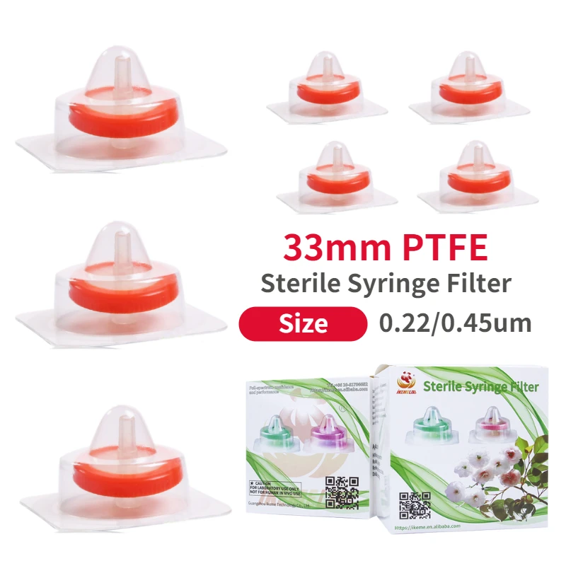 IKEME PTFE Sterilize Syringe Filter 33mm 0.22um 0.45um Hydrophilic／Hydrophobic Water System Needle Filter