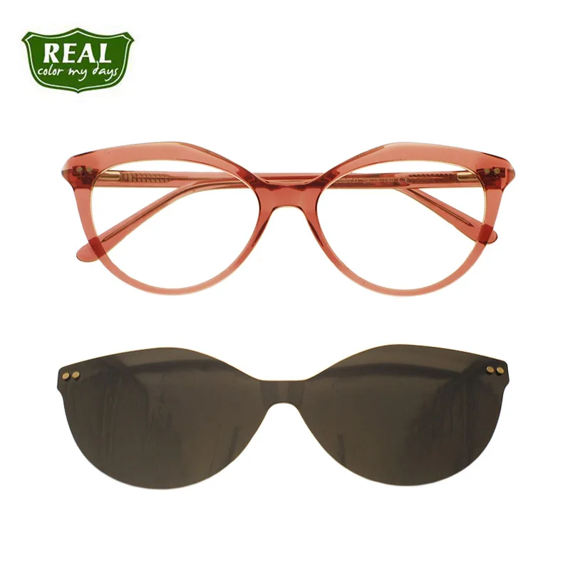 

REAL Vintage Women Clip-on Glasses Frame Optical Prescription Eyeglasses with Magnetic Clip-on Polarized Acetate Eyewear Frame