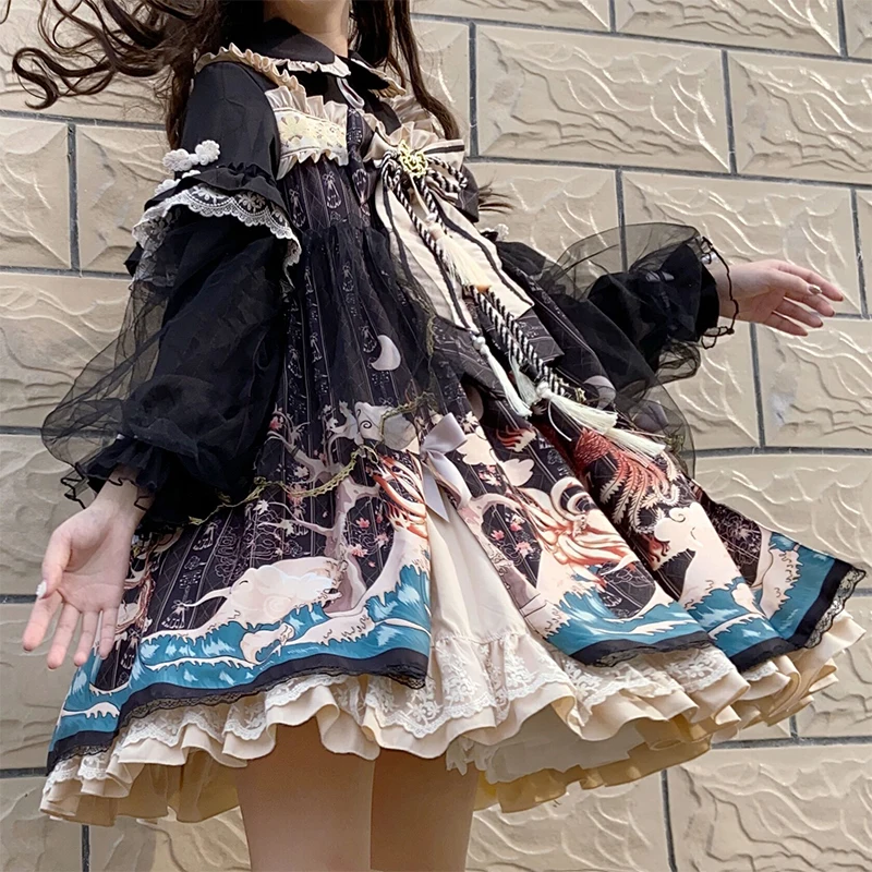 Doce vestido de princesa de laço vintage, vestido peter pan, vestido vitoriano de cintura alta, vestido kawaii, menina, gótico, lolita op loli