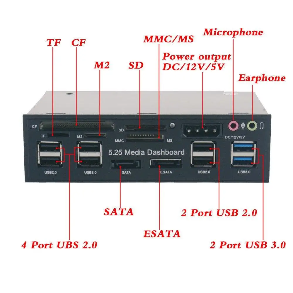 USB 3.0 Hub Multi-Function ESATA SATA Port Internal Card Reader PC Media Front Panel Audio for SD MS CF TF M2 MMC Memory Cards