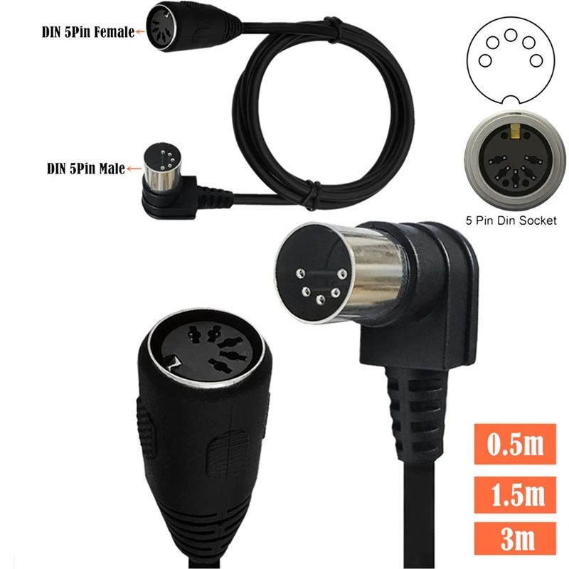 90 Degree MIDI DIN 5PIN Male To Female Cable MIDI 5 Pin DIN Plug Audio Extension Cable Din-5pin M/F Cable Adapter 1m/1.5m