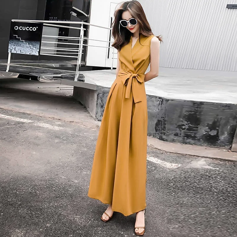 Wide Leg Pant Women 2021 Summer New Fashion Leisure V-neck Slim Jumpsuit Student Korean Sleeveless Vest Rompers Birthday Outfits