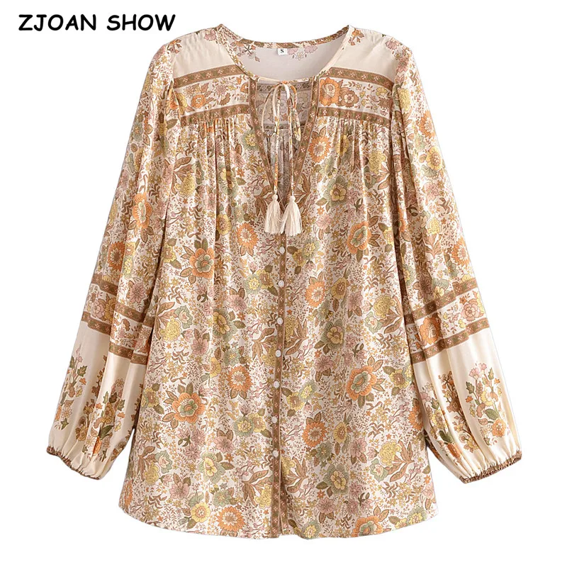 2021 Bohemia Lacing up V neck Floral Print Long Sleeve Shirt BOHO Holiday Women Single-Breasted Button Blouse Causal Tops